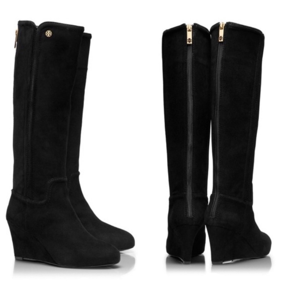 Tory Burch Irene Tall Black Suede Wedge Boots size 7